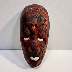 Vintage Indonesian Hand Carved Painted Wood Mask Red Black Folk Art Wall Decor